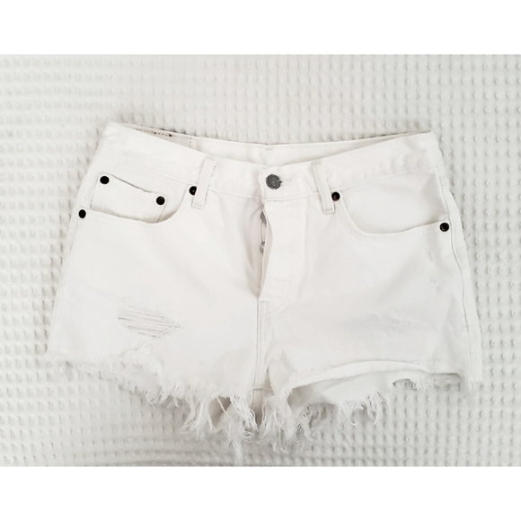 LEVI'S white denim 501 button fly distressed frayed mini shorts 27 - Picture 3 of 6